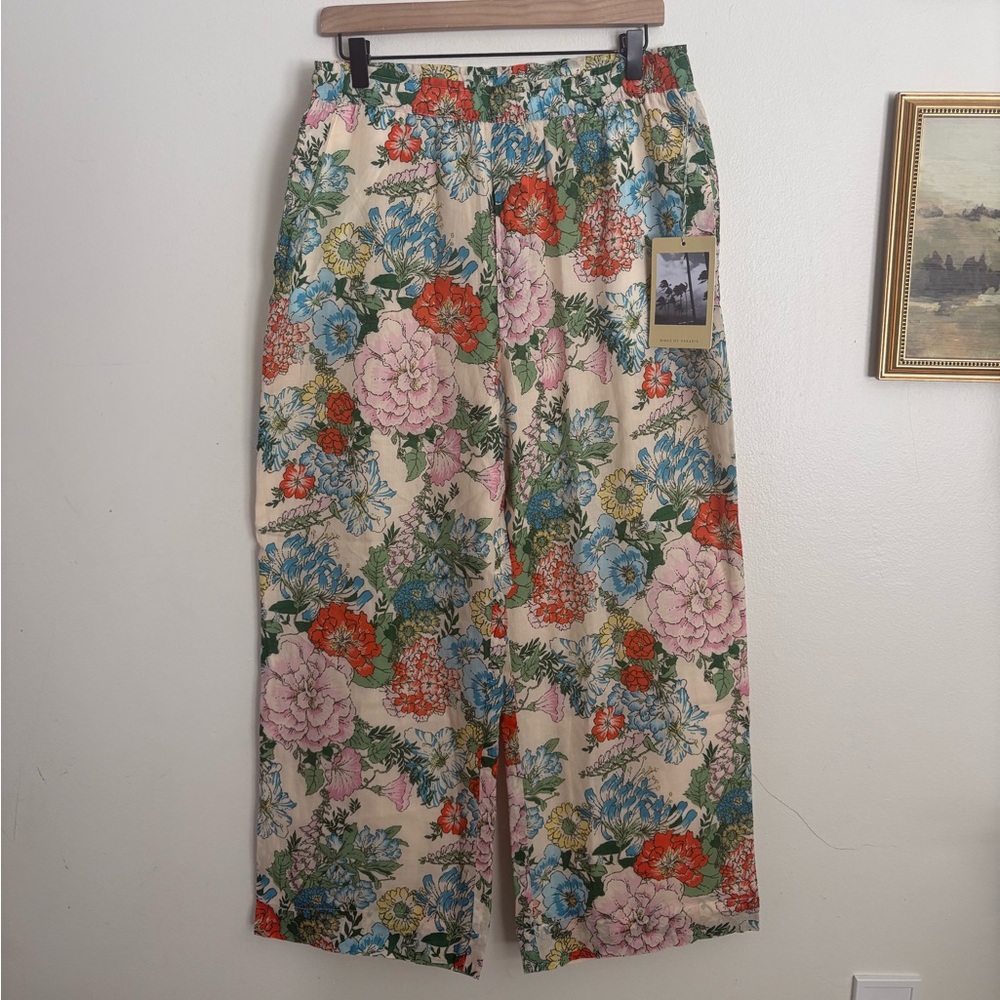TROVATA Birds of Paradis Willa Vacation Resort Linen Floral Wide-Leg Pants Large